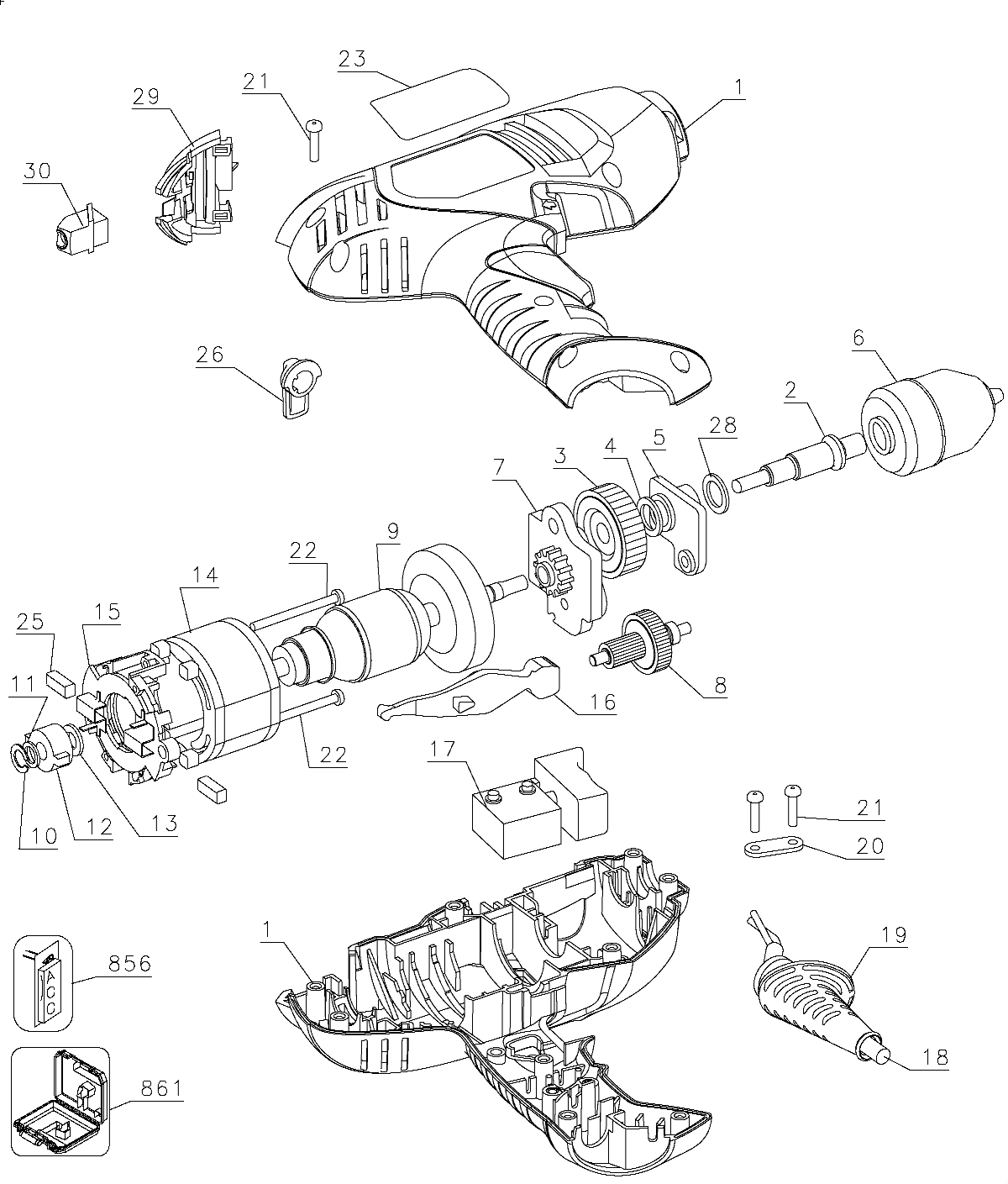 Default Diagram and Parts List for DR403K Type 1 Black and Decker Hammer